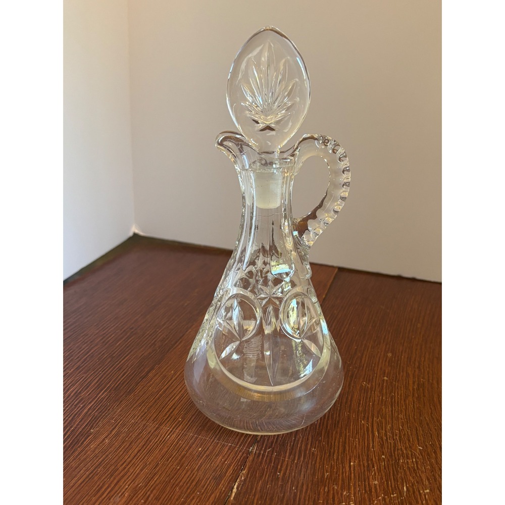 Vintage Cut Glass Cruet Bottle with Stopper Starburst Pattern Clear Decanter
